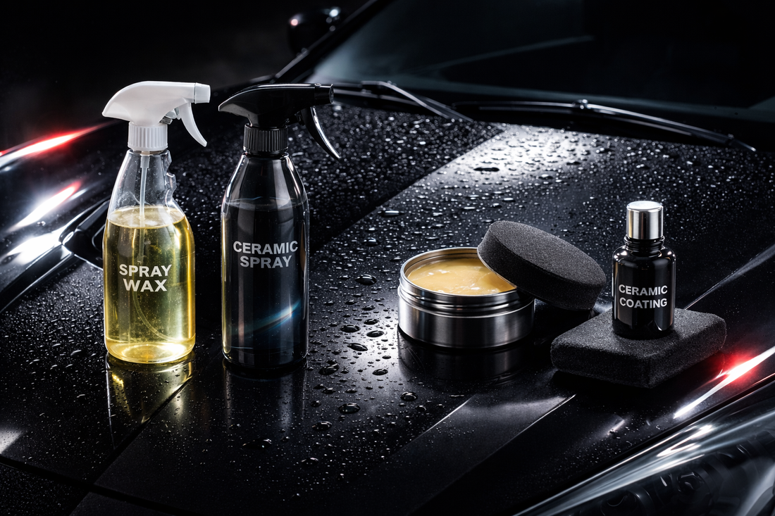 Sprühwachs und Sprühkeramik im Vergleich zu echtem Carnaubawachs und Keramikversiegelung auf schwarzer Motorhaube
