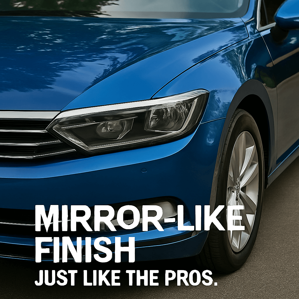 Drip King Power Signature Wax Carnauba Autowachs Lackversiegelung Glanz 270g - CK - StoreLackversiegelungCK - StoreDKP Signature Wax4270004243956Close - up of a shiny blue car with text 'Mirror - like finish just like the pros' showcasing the effect of car wax.