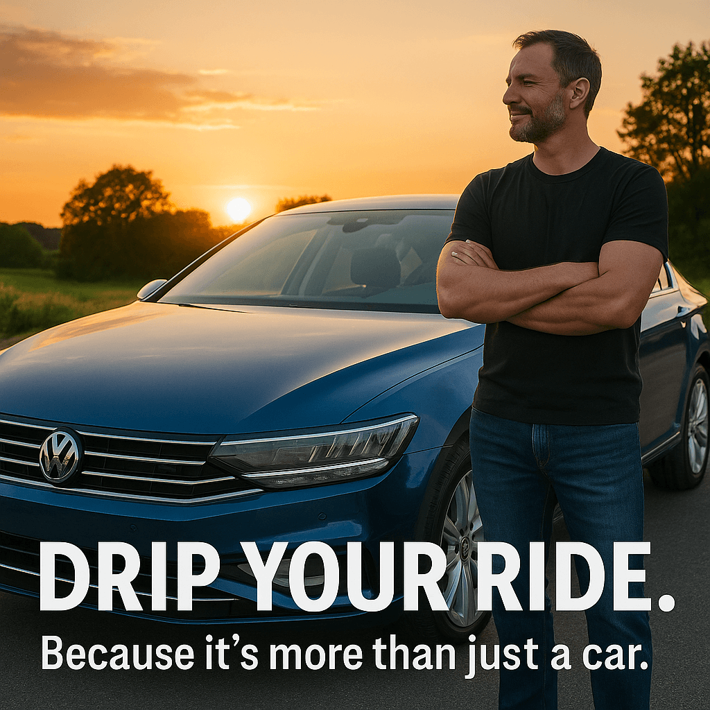 Drip King Power Signature Wax Carnauba Autowachs Lackversiegelung Glanz 270g - CK - StoreLackversiegelungCK - StoreDKP Signature Wax4270004243956Man standing beside a blue car at sunset with the text 'Drip Your Ride. Because it's more than just a car.'