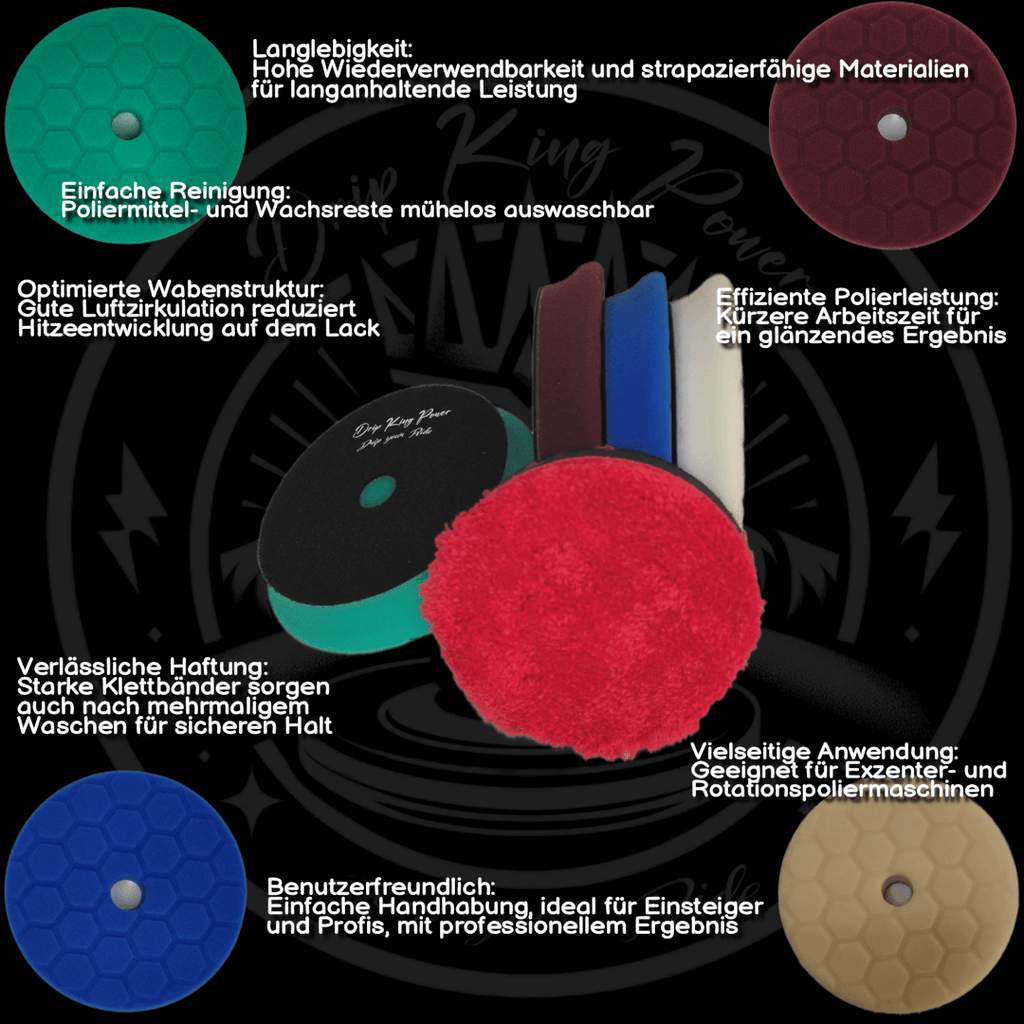 Drip King Power Polierpad 4X Polierpad + 1x Mikrofaserpad | 5 - teiliges Set - CK - StorePolierpad, PolierschwammCK - Store4270004243901Ø75mm / 3 InchDrip King Power Polierpad Set with 4 Color - Coded Pads and 1 Microfiber Pad, Featuring Durable and Easy - to - Clean Design