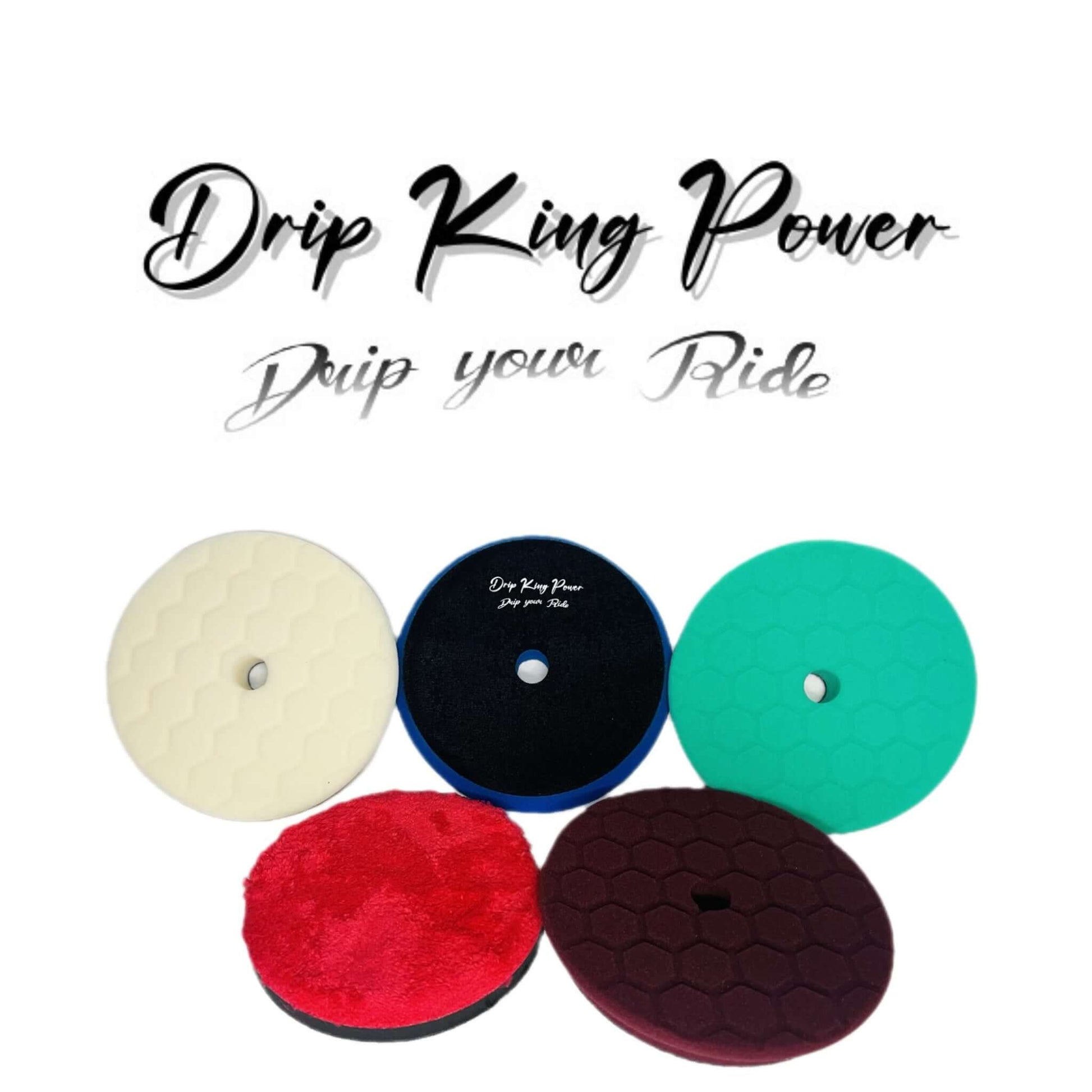 Drip King Power Polierpad Set with colored pads and microfiber pad, ideal for achieving professional car shine.