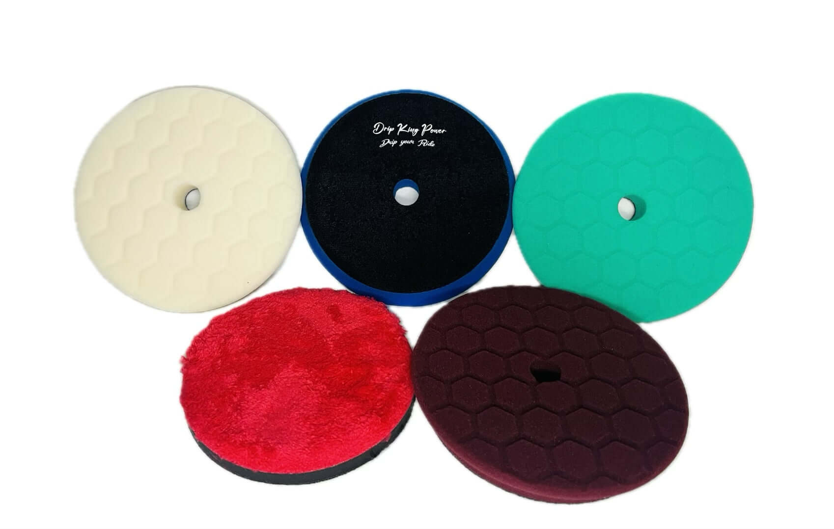 5-piece Drip King Power Polierpad set, featuring 4 color-coded polishing pads with different hardness levels and one microfiber pad.