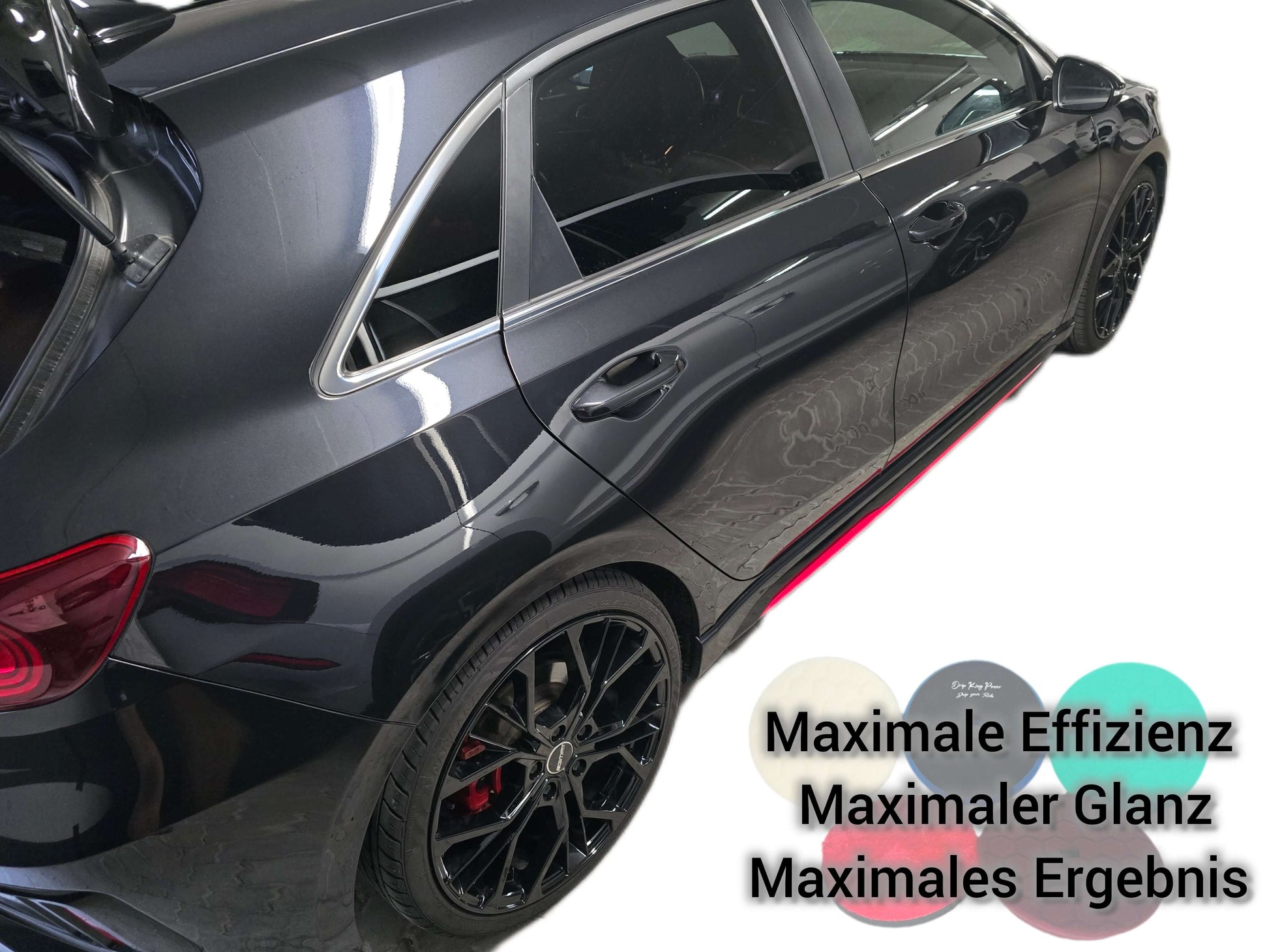 Sleek black car showcasing Drip King Power Polierpad set for maximum shine and efficiency in car detailing.