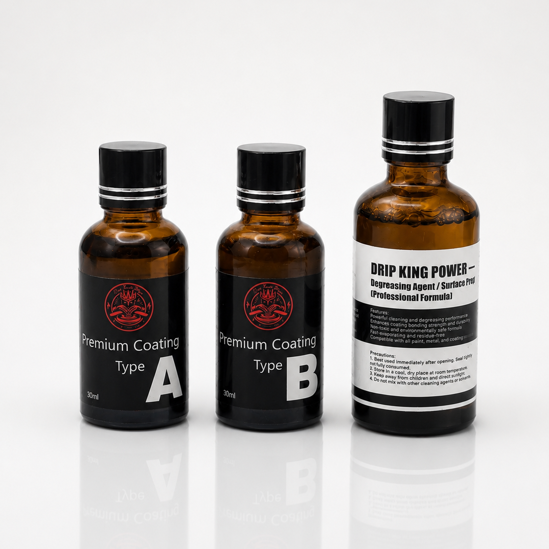 Drip King Power Keramikversiegelung Set mit drei Flaschen – Premium Coating Type A und Type B (je 30ml) sowie Degreasing Agent Surface Prep, freigestellt auf weißem Hintergrund