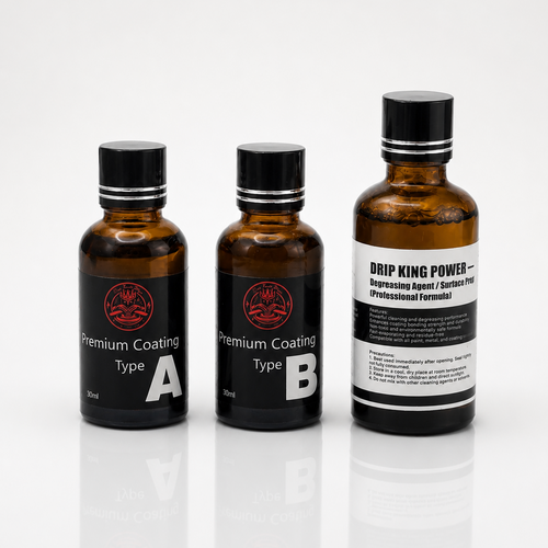Drip King Power Keramikversiegelung Set mit drei Flaschen – Premium Coating Type A und Type B (je 30ml) sowie Degreasing Agent Surface Prep, freigestellt auf weißem Hintergrund