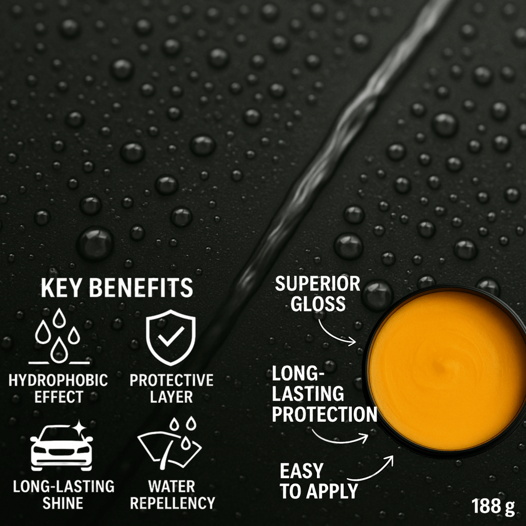 Drip King Power Signature Wax Carnauba Autowachs Lackversiegelung Glanz 270g - CK - StoreLackversiegelungCK - StoreDKP Signature Wax4270004243956Diagram showcasing benefits of Drip King Power Signature Wax, including hydrophobic effect, superior gloss, protection, and easy application.