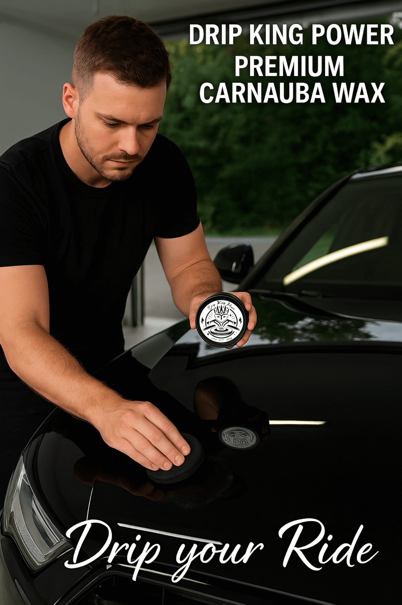Person applying Drip King Power Signature Carnauba Wax to a car for high gloss and protection.
