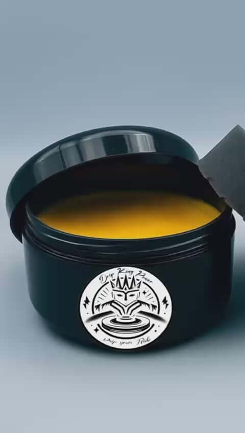 Drip King Power Signature Wax in black container, open to show premium Carnauba wax, enhancing car shine and protection, 270g.